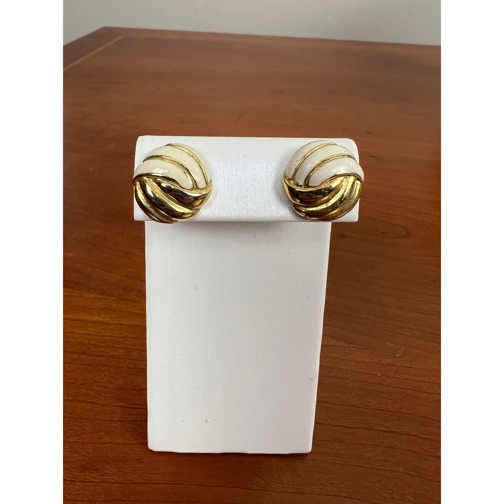 Vintage Gold Tone Cream Enamel Swirl Domed Button Stud Earrings